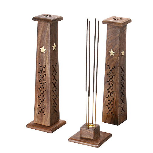 Tapered Wooden Incense Burner, with lift off top and brass star accent and cut-out design