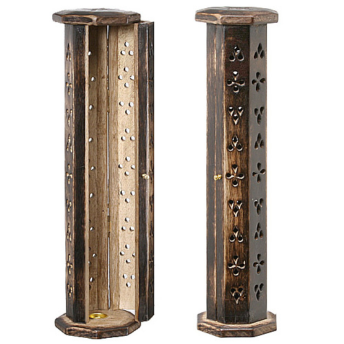 Octagonal Dark Wood Incense Burner that opens like a cabinet, with cut-out design (random patterns)