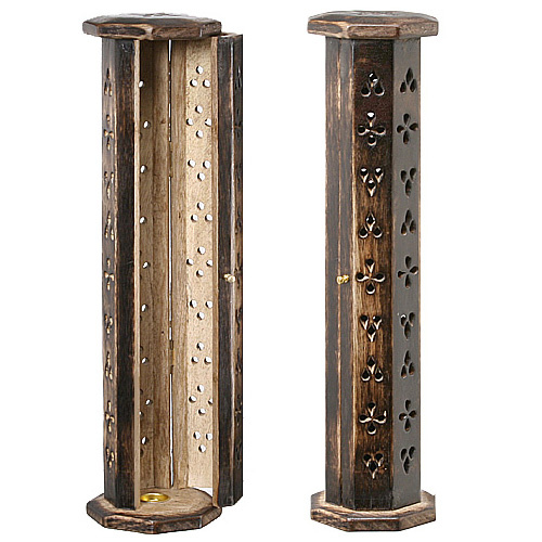 Octagonal Dark Wood Incense Burner that opens like a cabinet, with cut-out design (random patterns)